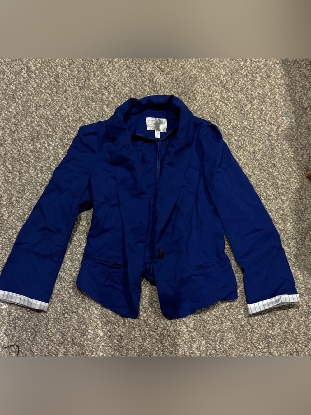 Dynamite royal blue peplum blazer with a single button closure.